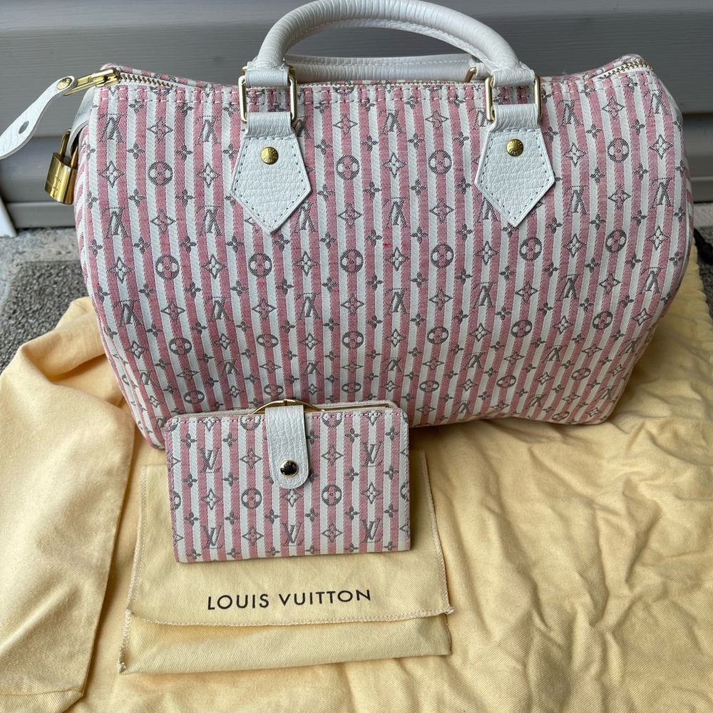 Louis Vuitton Monogram Mini Lin Croisette Speedy 30 & French Purse Wallet Rouge